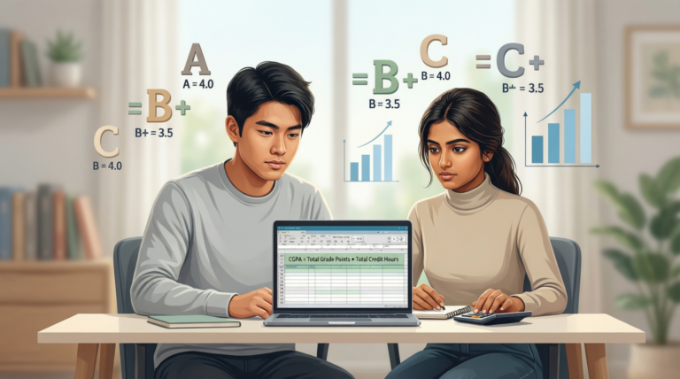 a focused male and female student sitting at a study desk with notebooks, a calculator, and a laptop. On the desk or floating subtly in the background are academic elements like a CGPA formula (CGPA = Total Grade Points ÷ Total Credit Hours), grade letters (A, B+, C), and simple charts.