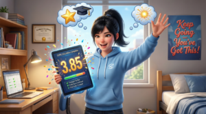 Young girl holding a tab on which her calculated CGPA is written