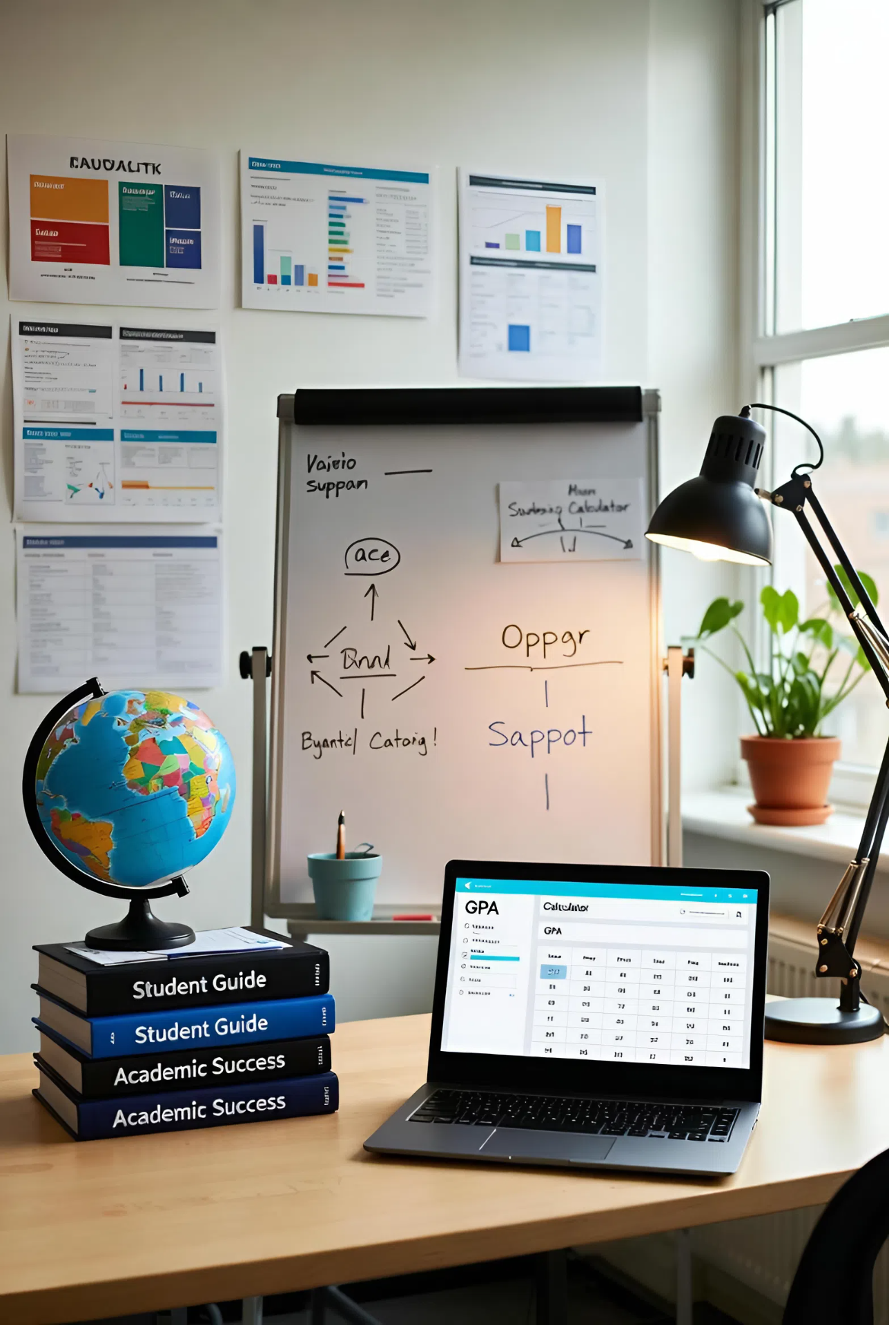 Young university student calculating semester GPA and CGPA on laptop surrounded by academic books and study materials