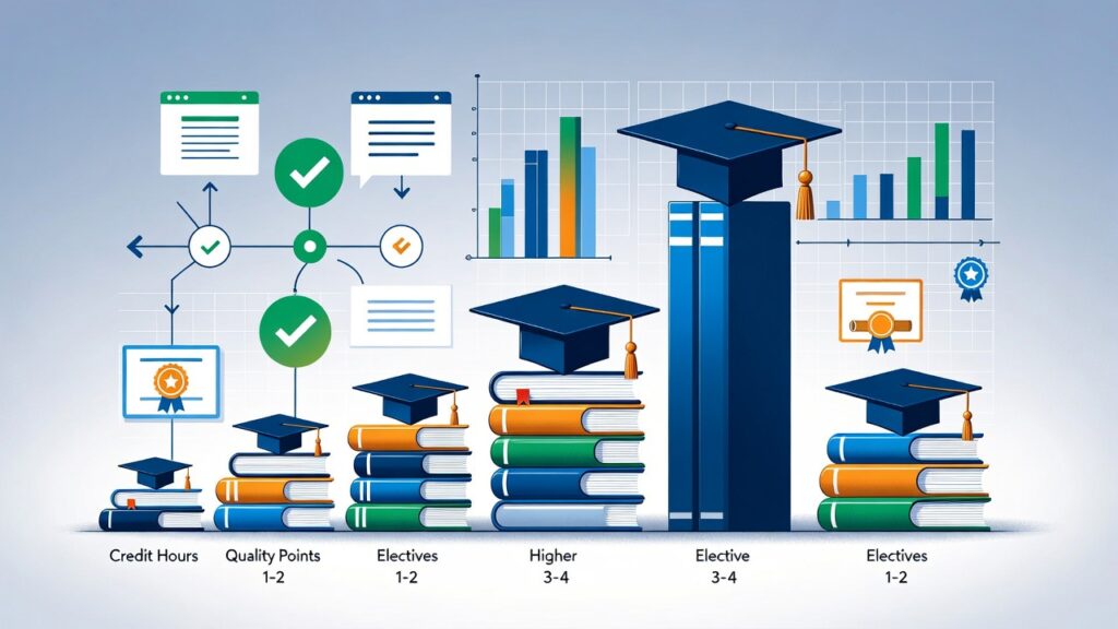 Illustration of credit hour weight: core courses (3-4 credits) have much greater influence on GPA compared to electives (1-2 credits) on an academic balance scale