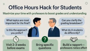 A student talking to a professor during office hours Speech bubbles with key questions